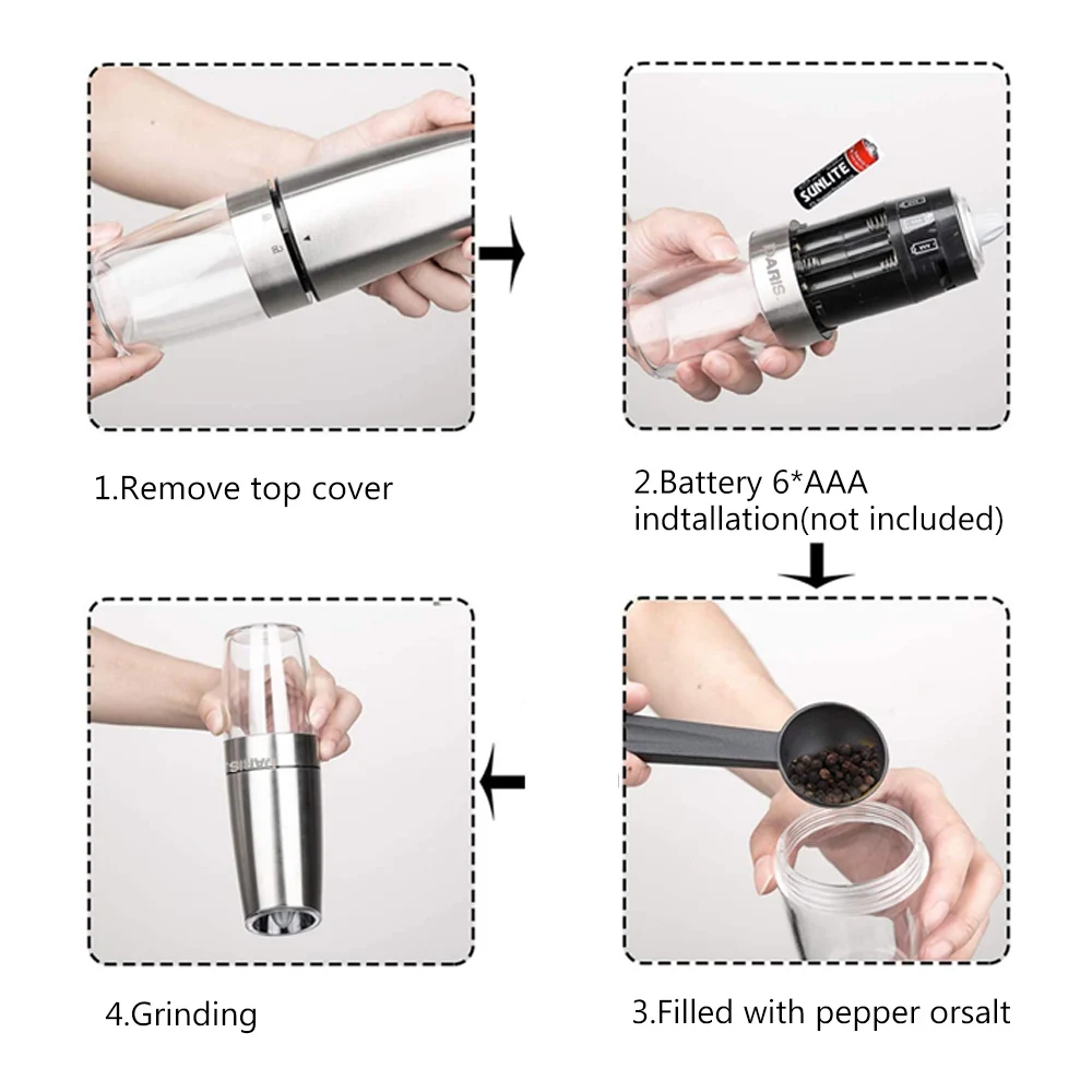 Gravity Electric Salt Pepper Grinder Set Automatic Salt and Pepper Mill Grinders With LED Light Stainless Steel Operated Grinder