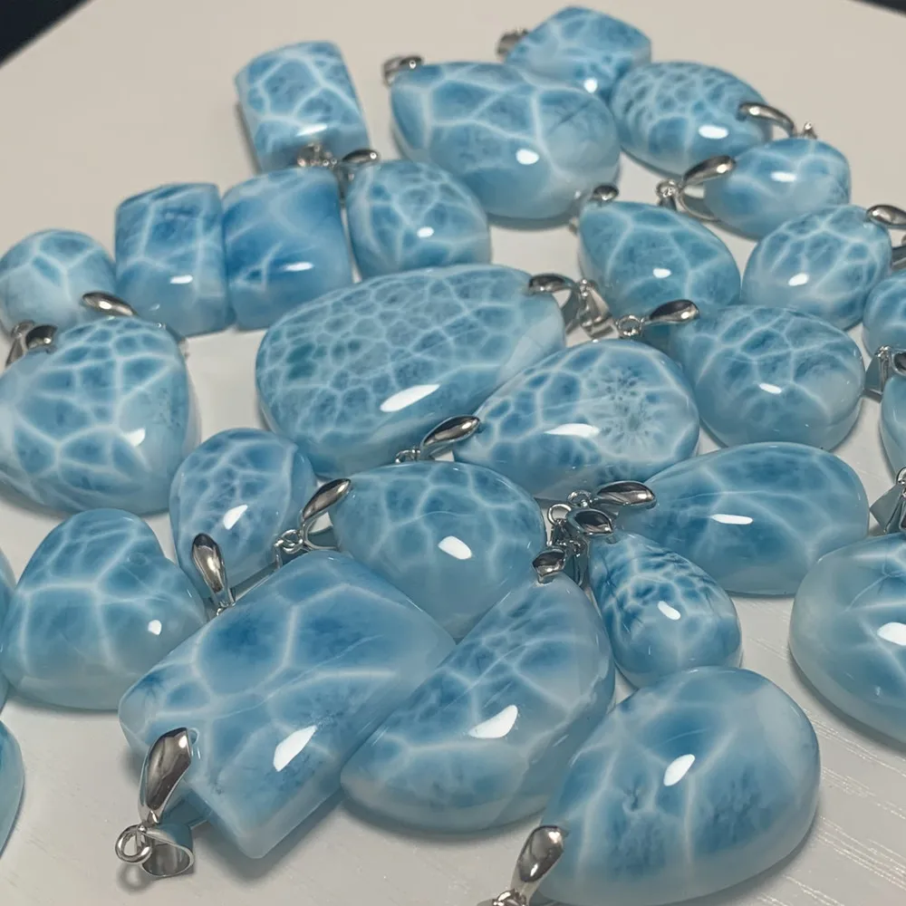 Natural Blue Larimar Pendants Necklaces For Women Rare Luxury Tortoisesh Bead Healing Gemstone Jewelry 925 Sterling Silver Clasp pendant necklace