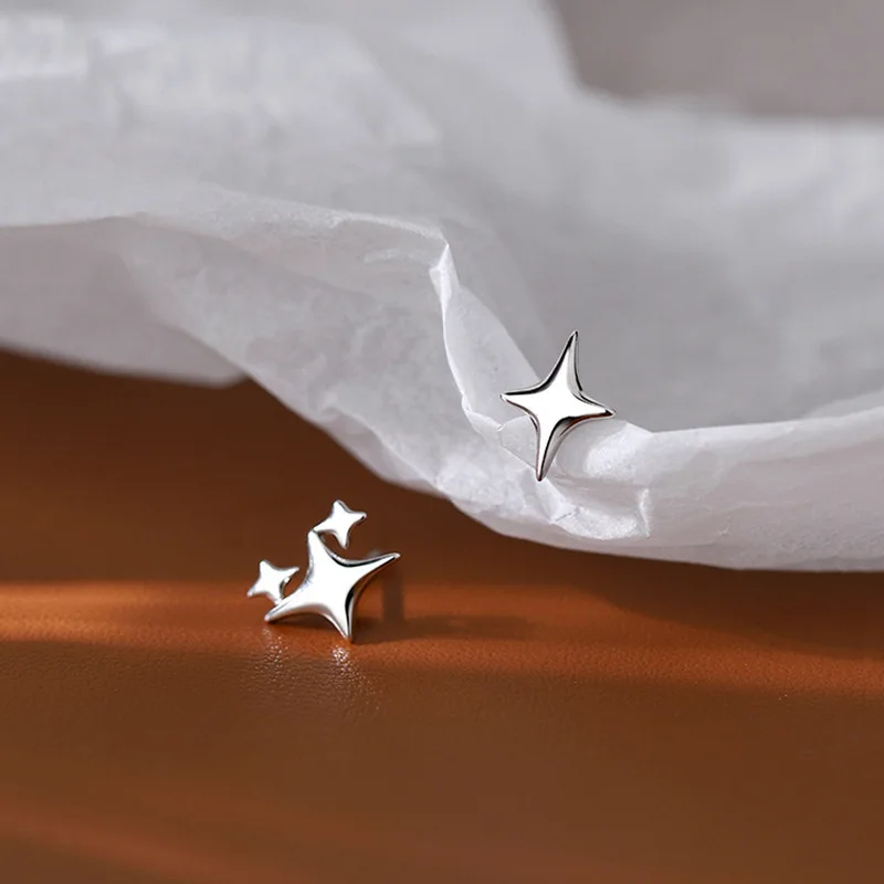 S925 Silver Needle Gold Color Star Small Stud Earrings For Women Girl Korean Tiny Asymmetry Cross Earring Summer Jewelry Gift - Image 5