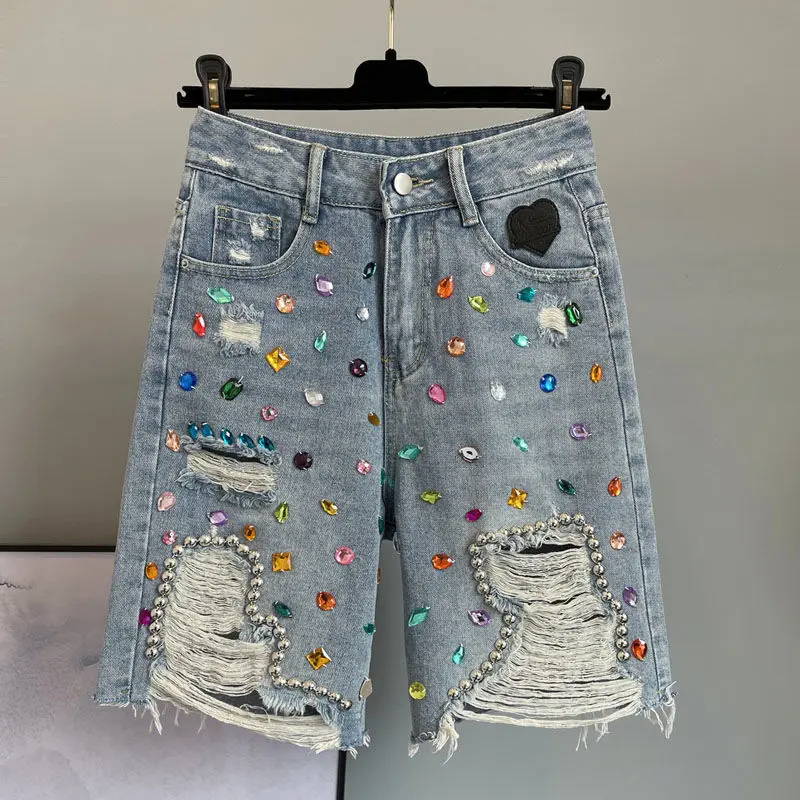 

Diamond Beaded Denim Knee Length Pants Woman 2023 New Summer High Street Hole High Waist Straight Mid-pants Jeans Women