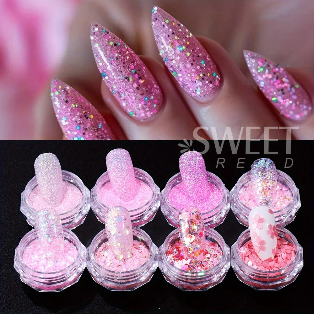 8pcs/set Pink Sugar Glitter Nail Powder Mixed Holographic Hexagon Irregular Nail Art Flake Sequins Pigment Manicure Decoration