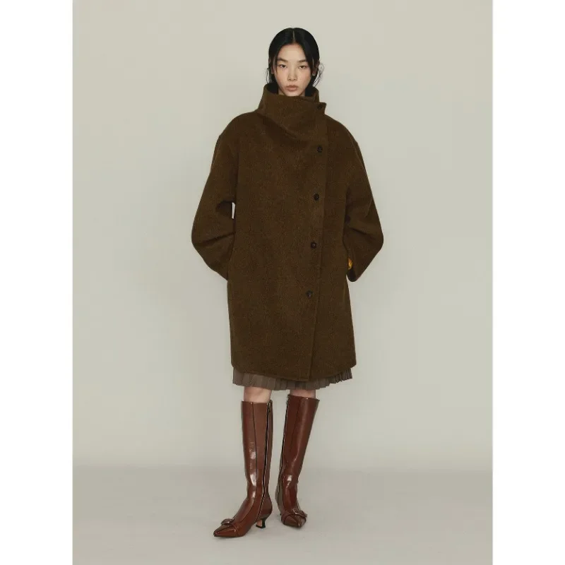 

2023 Autumn and Winter Fashion Women's High-quality Stand Collar Double-sided Nylon Jacket Retro Brown