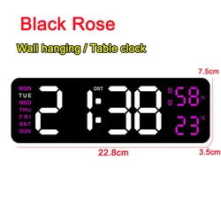 Large LED Digital Wall Clock with Dual Alarms and Adjustable Brightness (Black Acrylic Rose)