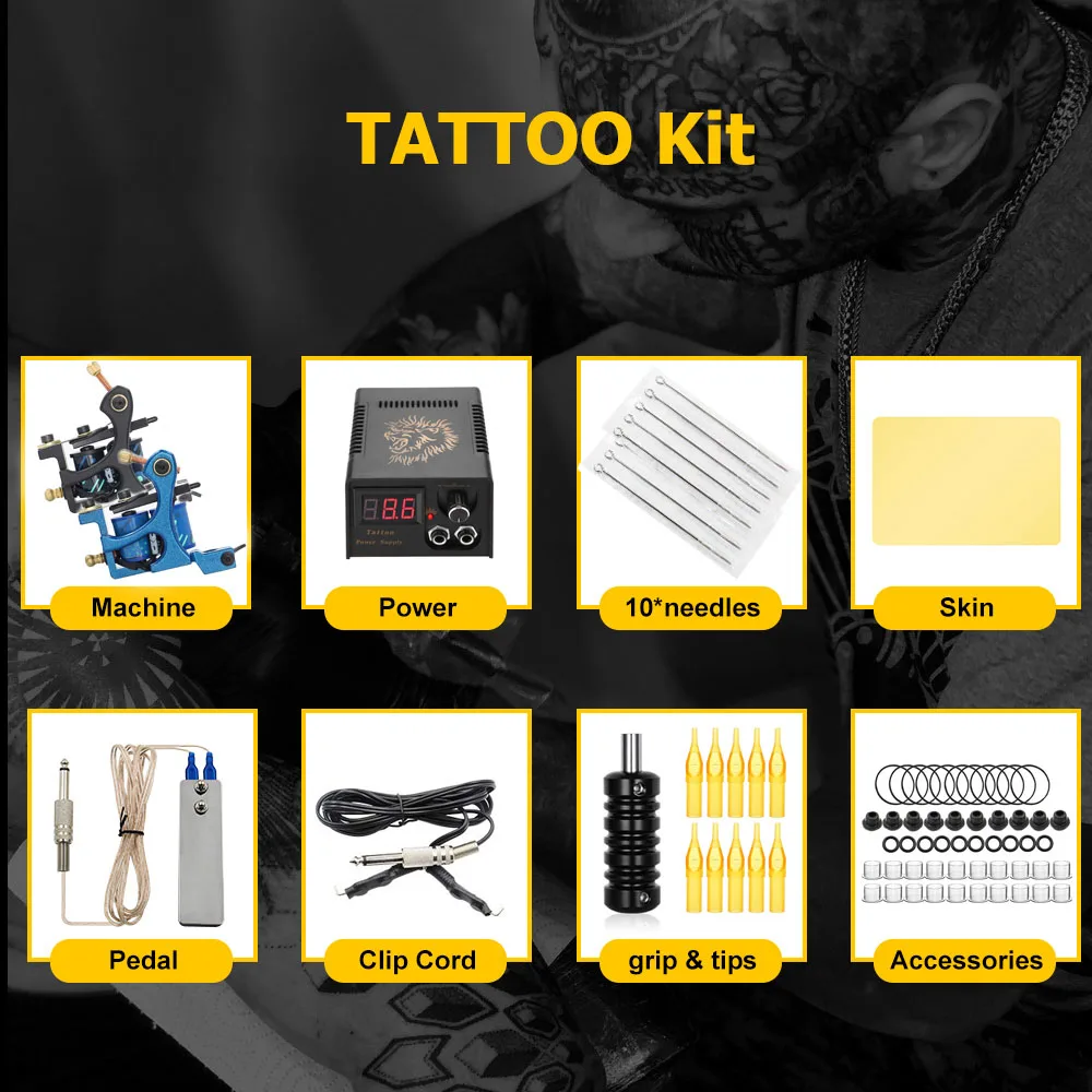 Complete Coils Tattoo Kit Liner Shader Machine Power Supply Inks Pigment tattoo supplies tattoo kit with Tattoo Needles Accessories for Beginner Set
