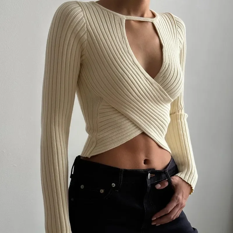 Knit Sweater Pullover Women V-Neck Ribbed Long Sleeve Patchwork Hollow Out Cropped Top Slim Elegant Solid Knitwear Top