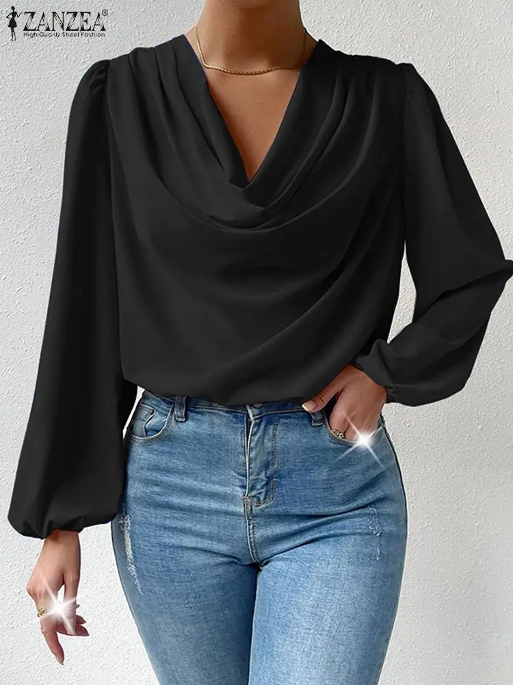 

ZANZEA Autumn Swing Collar Long Sleeve Blouse Women Fashion Satin Shirt Femininas Elegant Tops Casual Solid Office Work Blusas