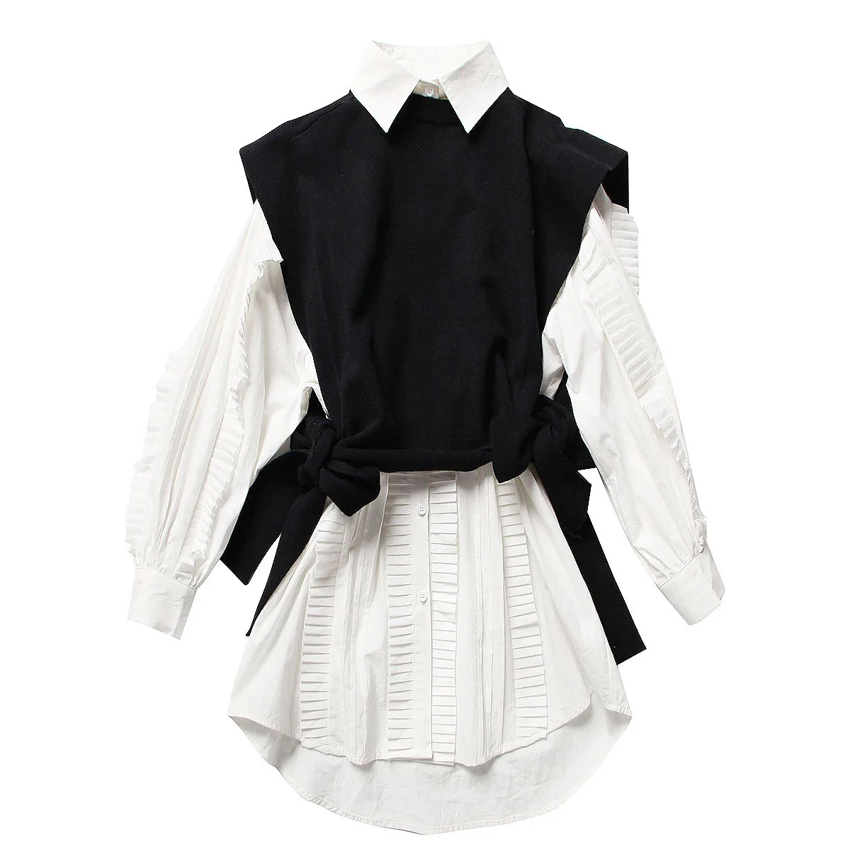 

Autumn and winter new lace up sweater vest heavy industry pleated white medium length shirt dress
