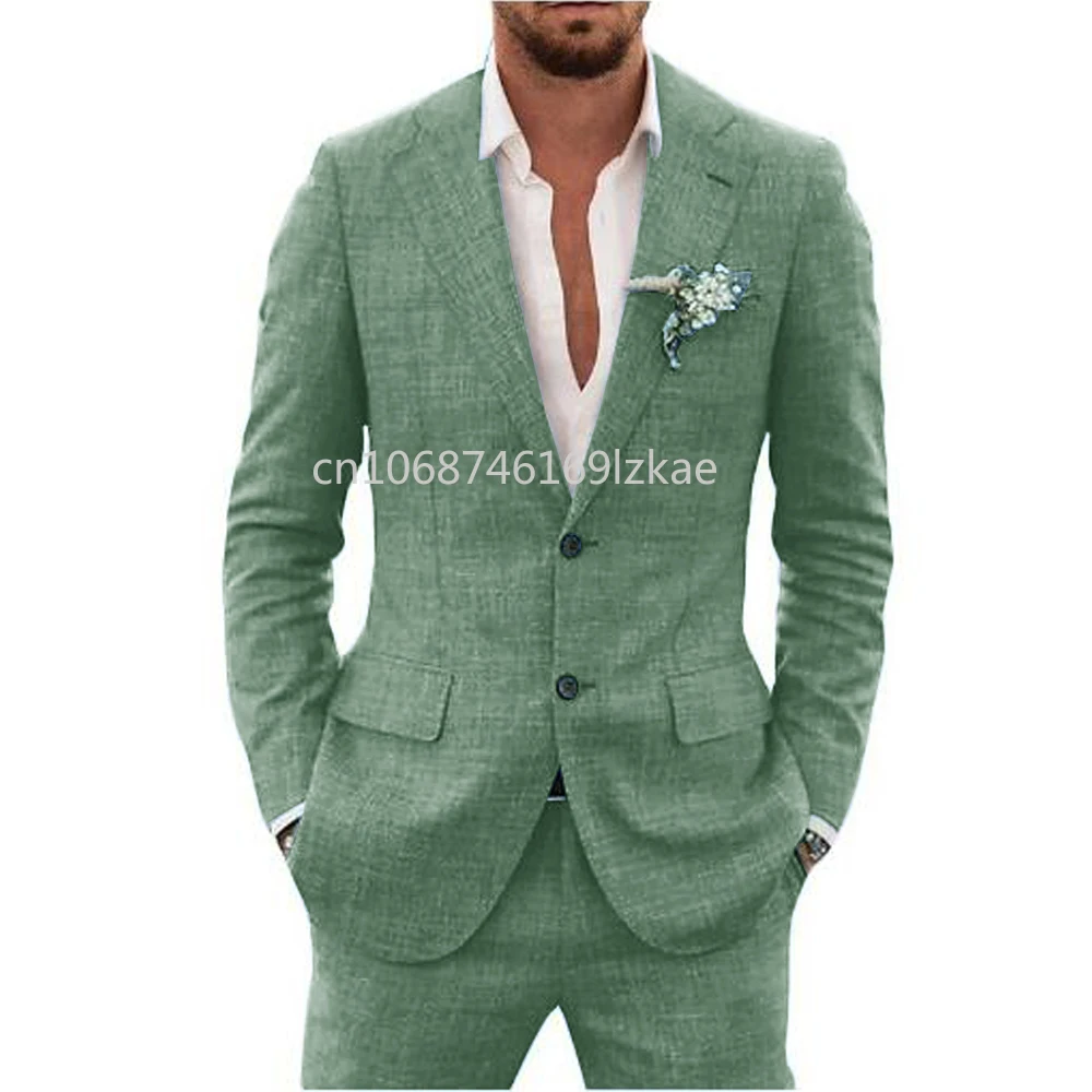 2024 lino tessuto adatto completo da uomo colletto con risvolto monopetto 2 pezzi Set elegante uomo abiti Blazer di alta qualità - immagine 6