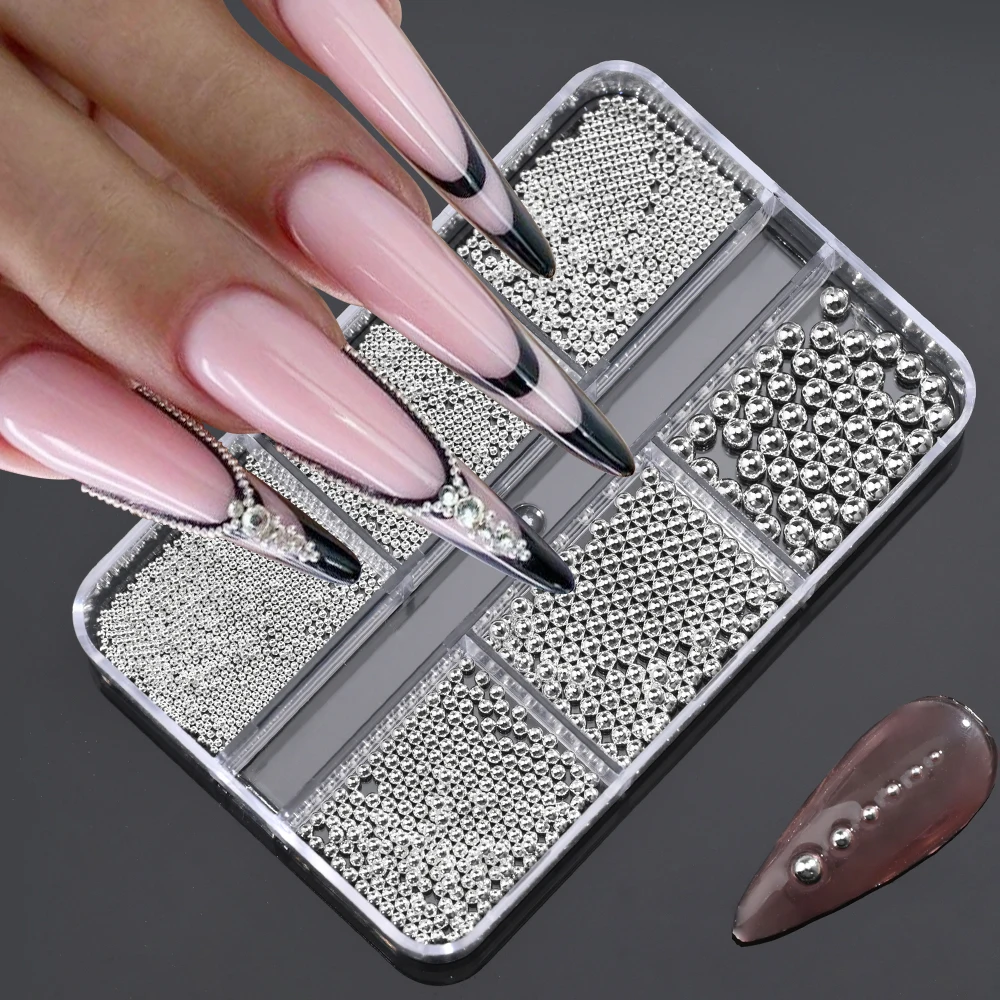 6Gird/box 스테인레스 스틸 캐비어 비즈 네일 아트 혼합 크기 합금 골드/실버 건 비드 네일 참 0.8-3mm 매니큐어 마이크로 볼