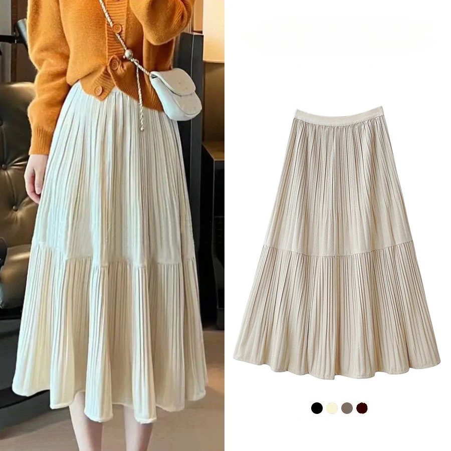 

Autumn Winter Vintage Velvet Long Skirt Women 2023 New Fashion Thick Skirt Lady High Waist A Line Skirt Black Beige GrayFemale