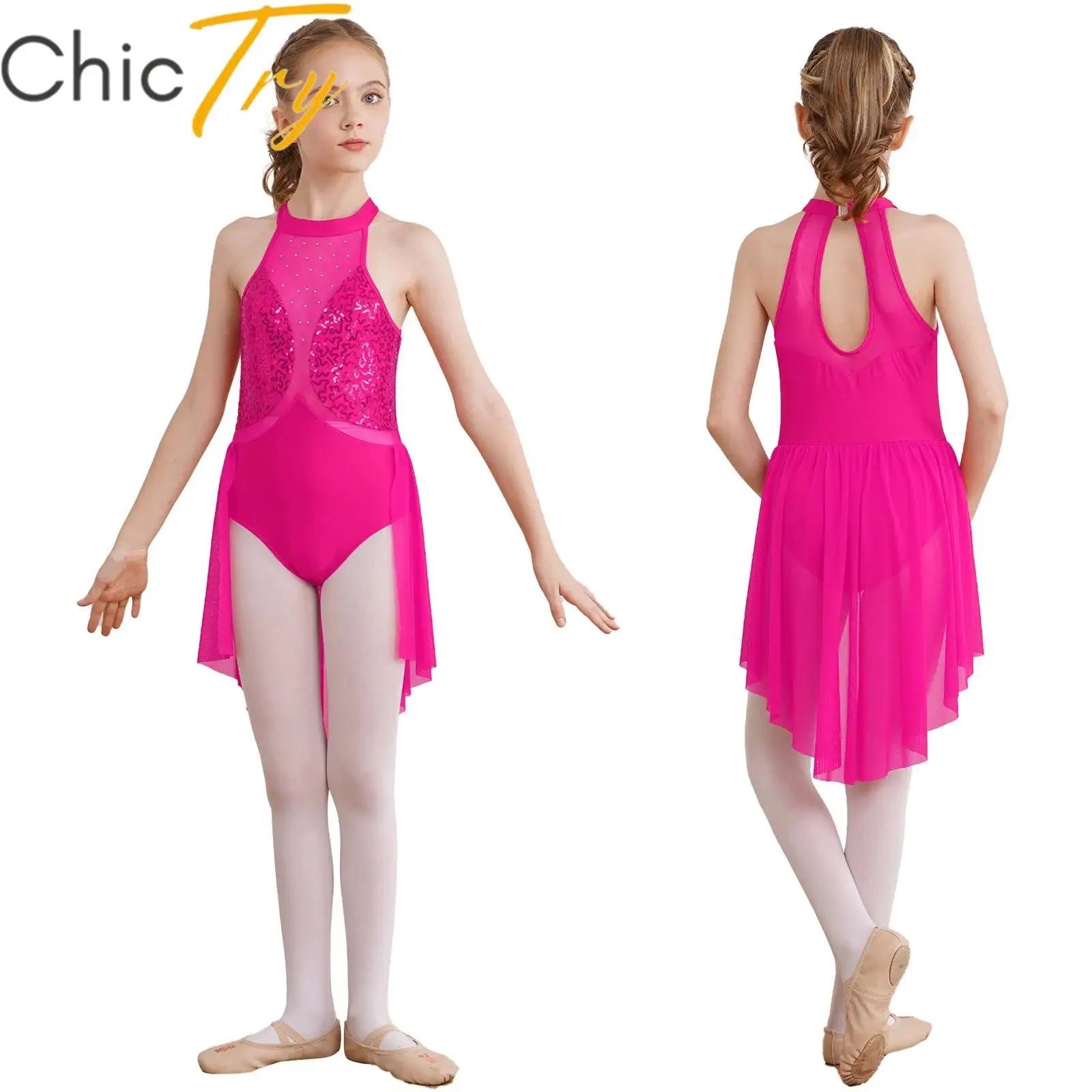 

Kids Girls Ballet Gymnastics Dress Shiny Sequins Dance Leotard Keyhole Back Sleeveless Dresses for Figure Skating Latin Lyrical