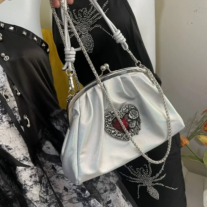 MBTI Vintage Y2k Womens Handbag Silver Gothic Fashion Chains Casual Shoulder Bag Pu Leather Pleated Original Female Shell Bag