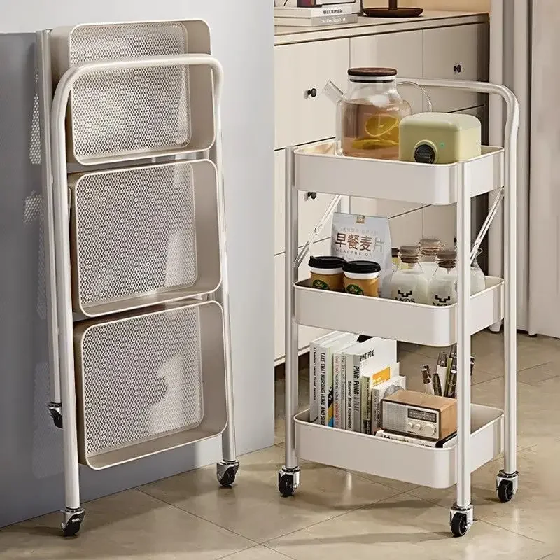 Folding Storage Rack Trolley Living Room Shelf Cart with Wheels Mobile Storage Organizer Multi-Layer Kitchen Rack