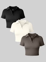 Summer Women's Short Sleeve Polo Shirt V-Neck Cropped Top Casual Knitted Solid Color T-Shirt - Image 2