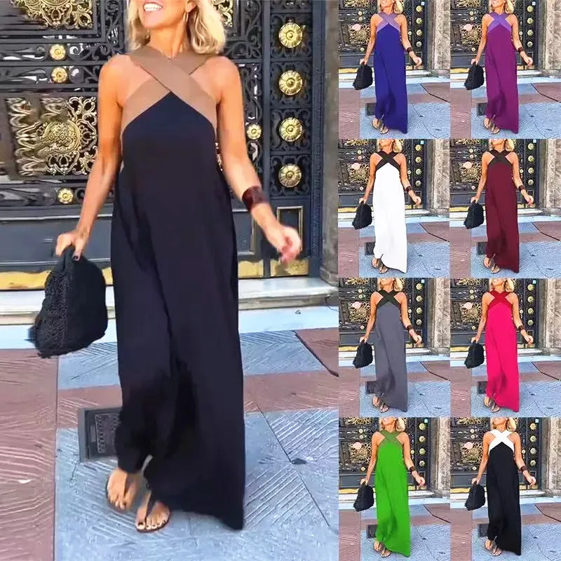 Women Loose Holiday Ruffles Backless Sleeveless Halter Strap Sleeveless Dress Large Big Summer Beach Party Elegant Maxi Dresses