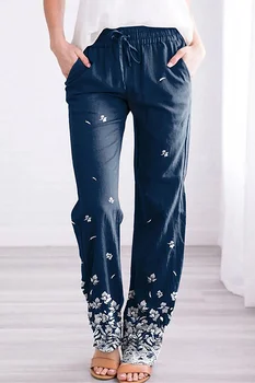 Flycurvy Plus Size Casual Navy Blue Cotton And Linen Floral Print Pocket Elastic Strap Pants