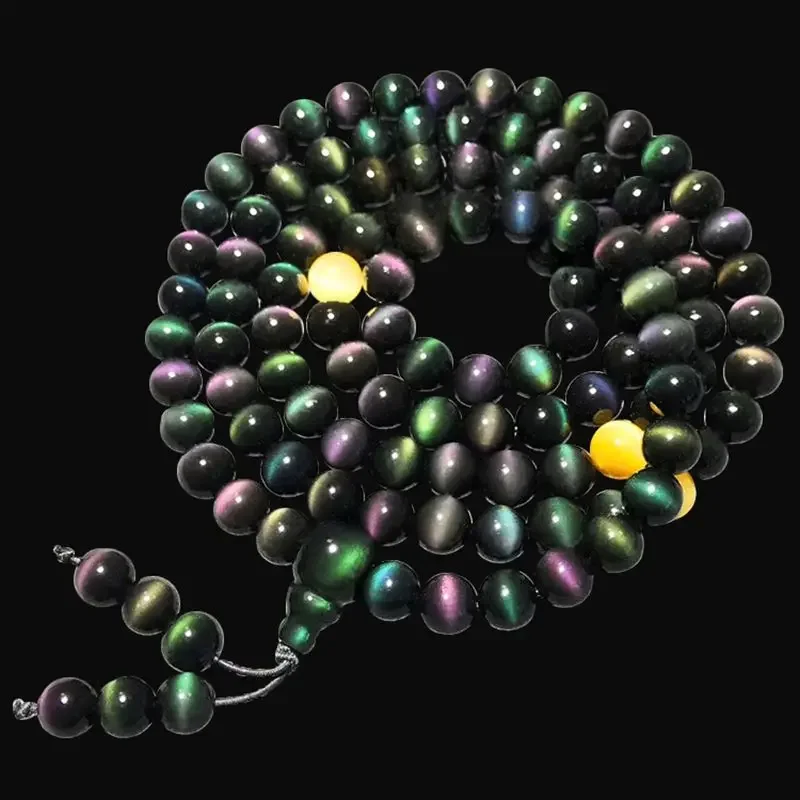 

Natural Obsidian Bracelet 108 Mala Beads Bracelet Buddhist Buddha Meditation Beads Rainbow Eye Double Color Handmade Jewelry