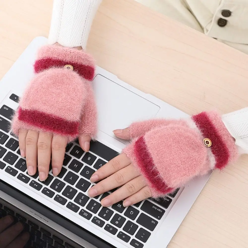

New Women Winter Gloves Flip-top Furry Warm Gloves Knitted Stretch Half Finger Guantes Mobile Phone Touchscreen Gloves Mittens