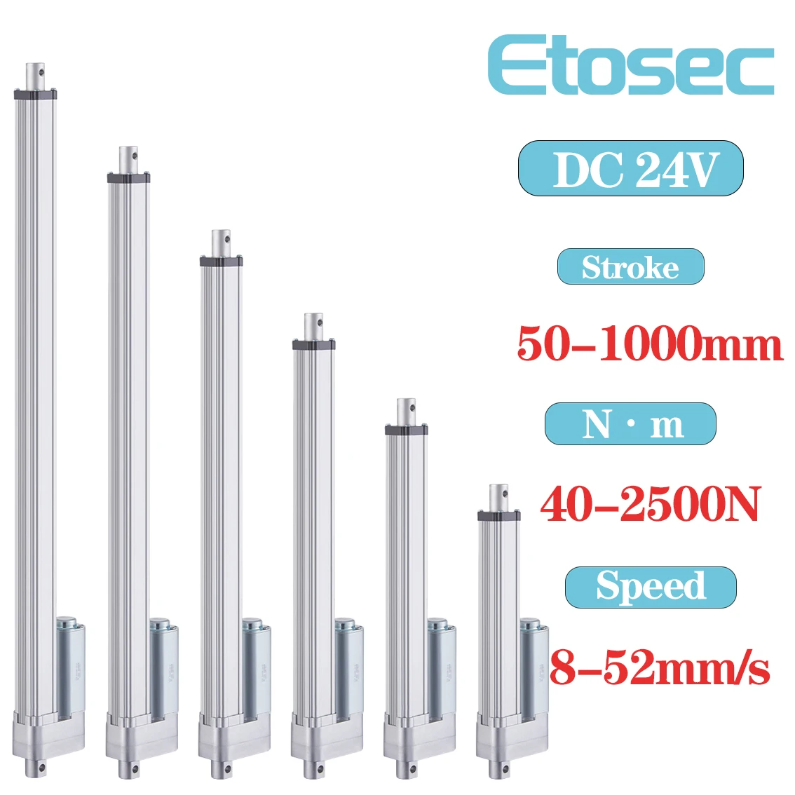 

Etosec 24V Linear Actuator 2500N Low Noise 100mm 300mm 500mm 700mm 900mm 1000mm Stroke Linear Drive Electric Motor 52mm/s Speed