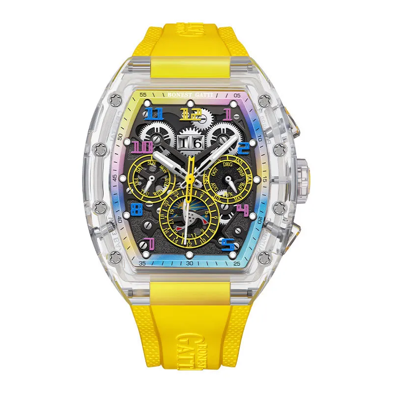 BONEST GATTI Watch men's wine barrel shaped multifunctional three eye acrylic transparent shell mechanical watch
