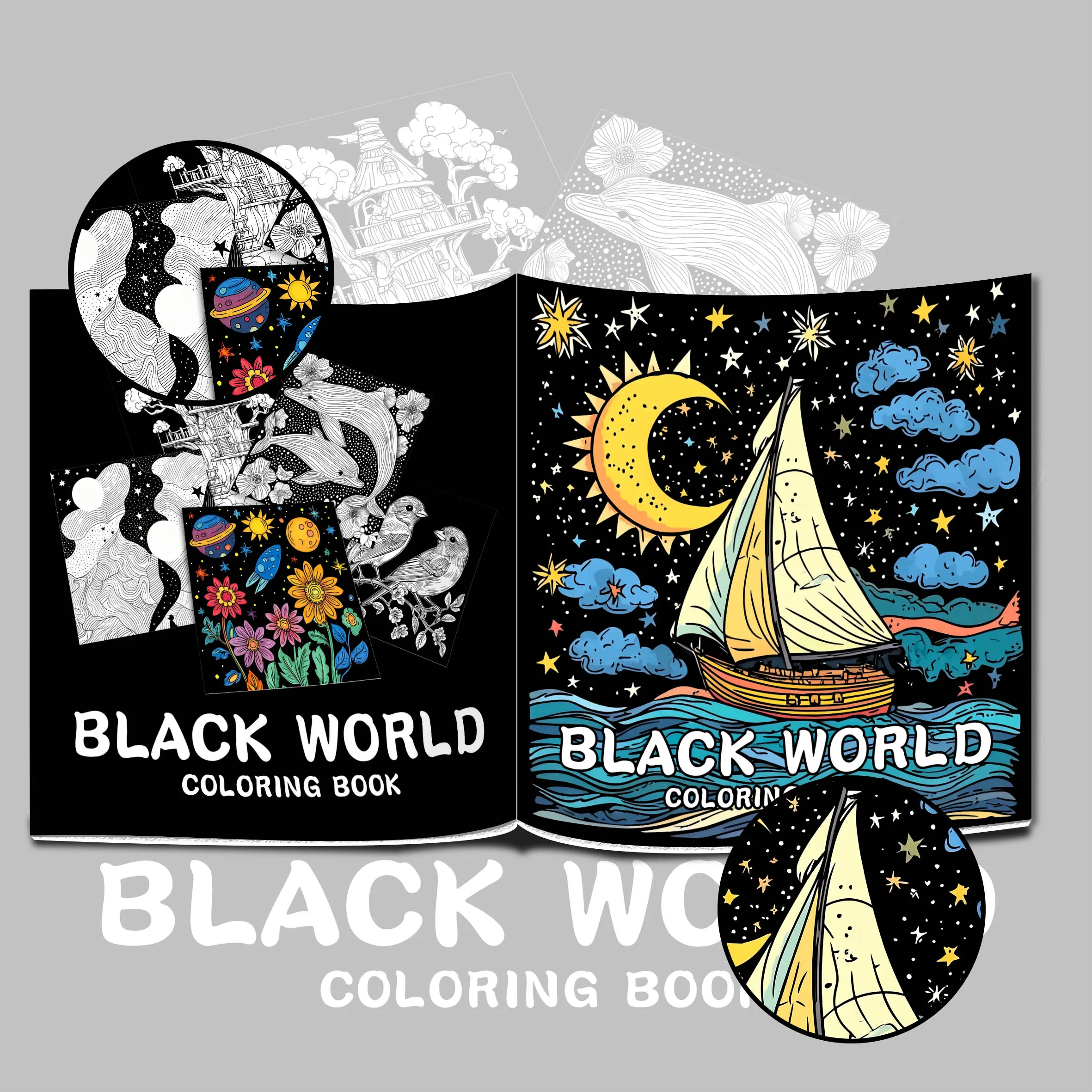 Black Themed Adult Coloring Book Multi-Element Art for Relaxation Featuring Flowers, Sailboats, Portraits, and Cosmic Designs 5