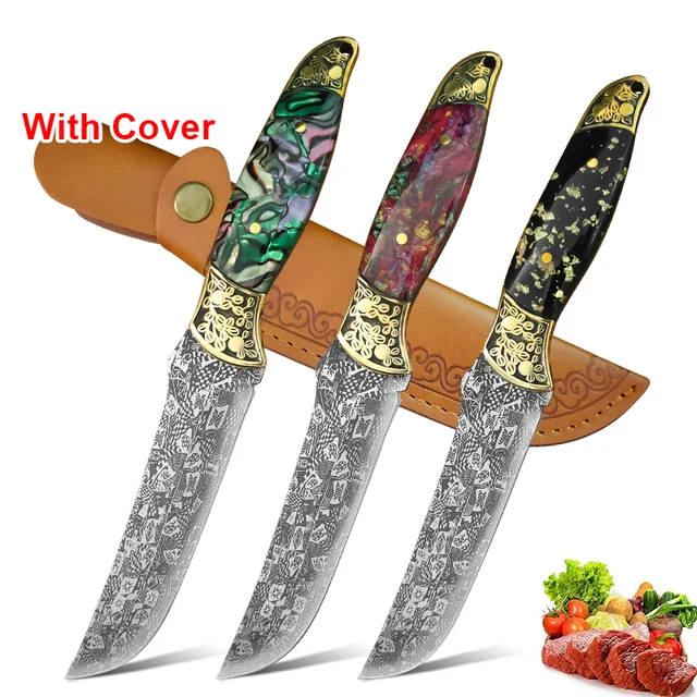 Utilitário faca para churrasco cozinhar cutelo de carne vegetal corte cozinha facas damasco chef desossa faca de frutas alça de resina com capa