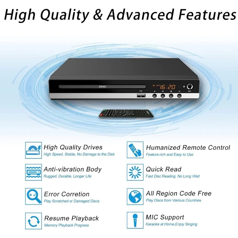 DVD Player VCD CD-Discs Multimedia Player Machine AV-Output with Remote Control & AV-Cable CD Player