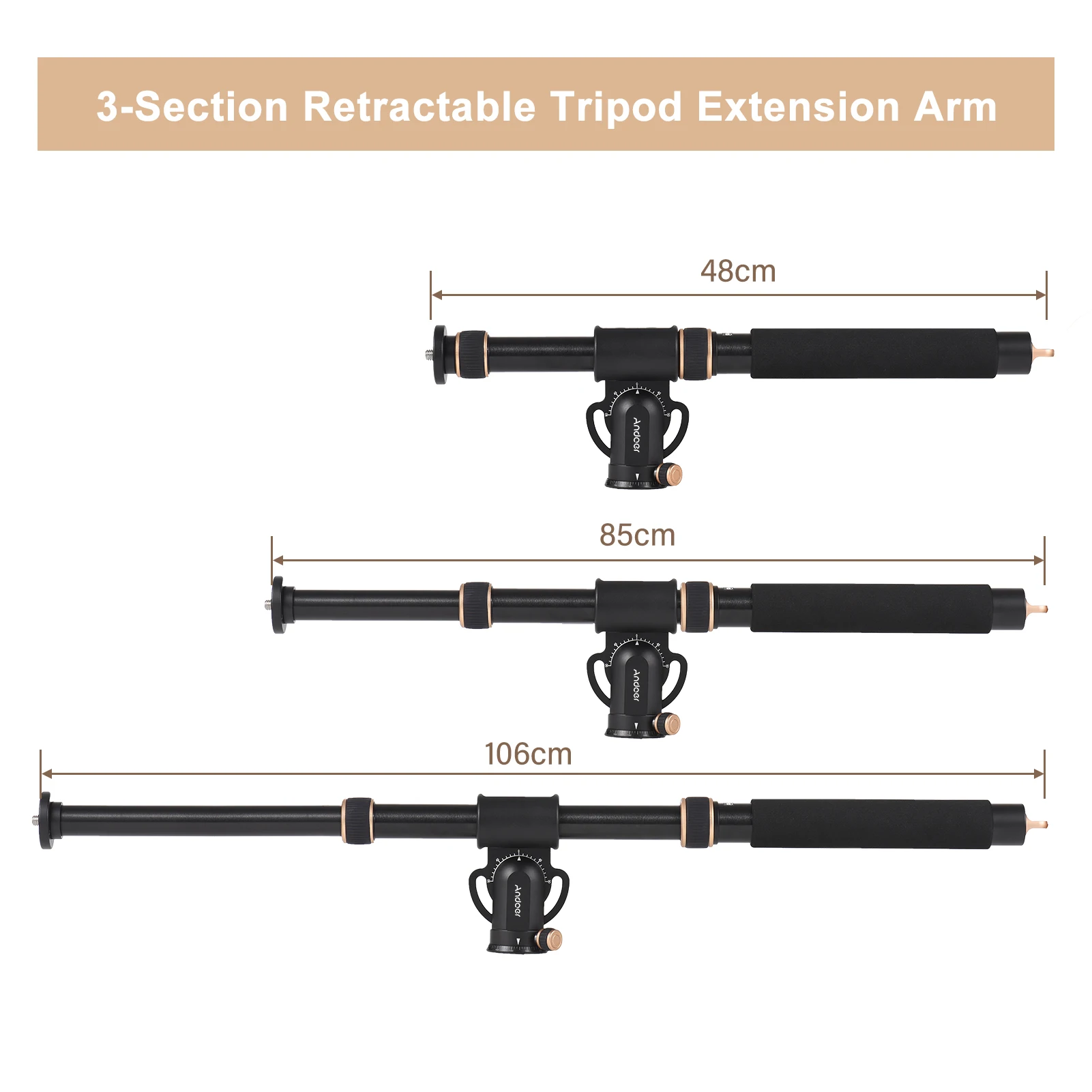 Andoer Universal Tripod Extension Arm Aluminum Alloy Detachable Extender Horizontal 360&deg; Rotatable Base 5kg Load Capacity
