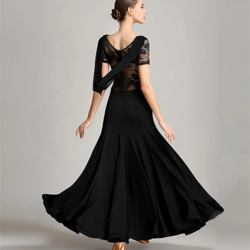 

Cheap Elegent Sexy Lace Black Long Women Dress Professional Ballroom