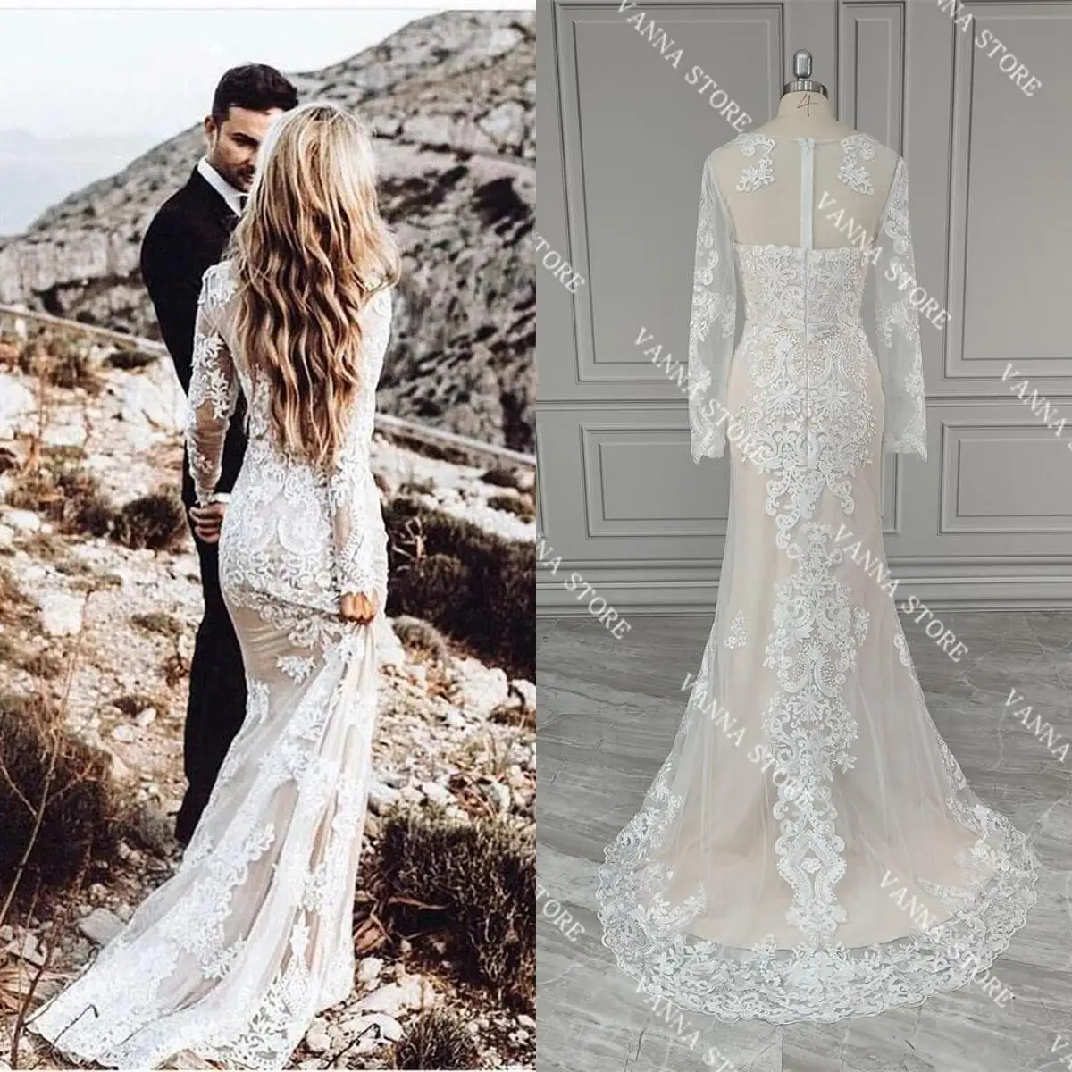 

17000#Gorgeous Delicate Lace Mermaid Long Sleeve Bride Wedding Dress Jewel Neck Appliqued Wedding Gowns for Bride Illusion Back