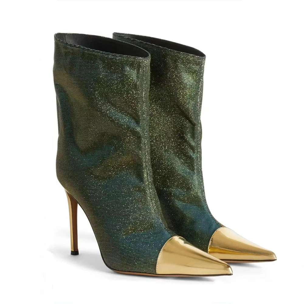 Metal Toe Women's Knight Boots Elegant Short Boots Ladies Thin High Heel Shoes Women Slip-on Mid-calf Boots