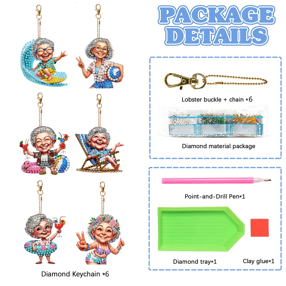 6Pcs Double Side Optimistic Old Lady Diamond Painting Keychain Rhinestone Painting Keychain Pendant for Beginners Adults