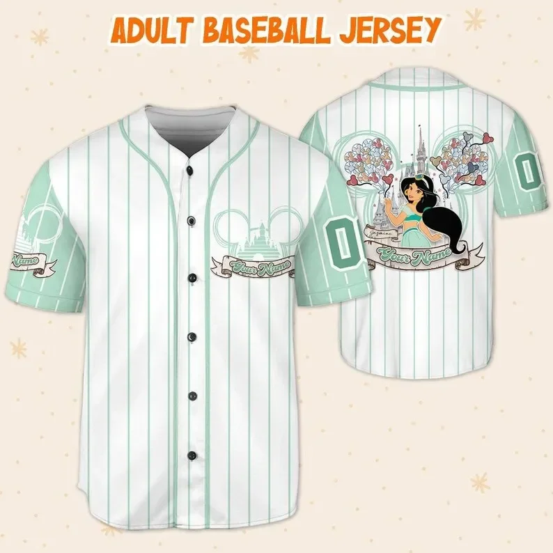 Disney Jasmine Princess Custom Name Baseball Jersey Outdoor Sports Style Casual Jersey T-Shirt Personalizzata Da Uomo E Da Donna