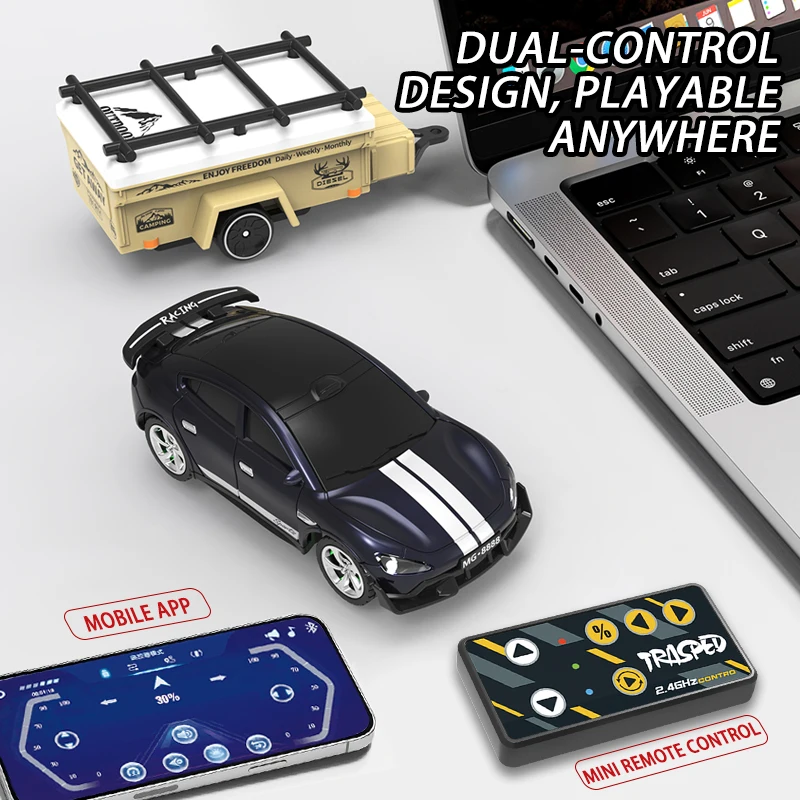 RC Car 1/64 Alloy Mini Drift Car with Trailer 2.4G Remote Control High Speed Stunt Desktop Toy Vehicle Adult Simulation Model