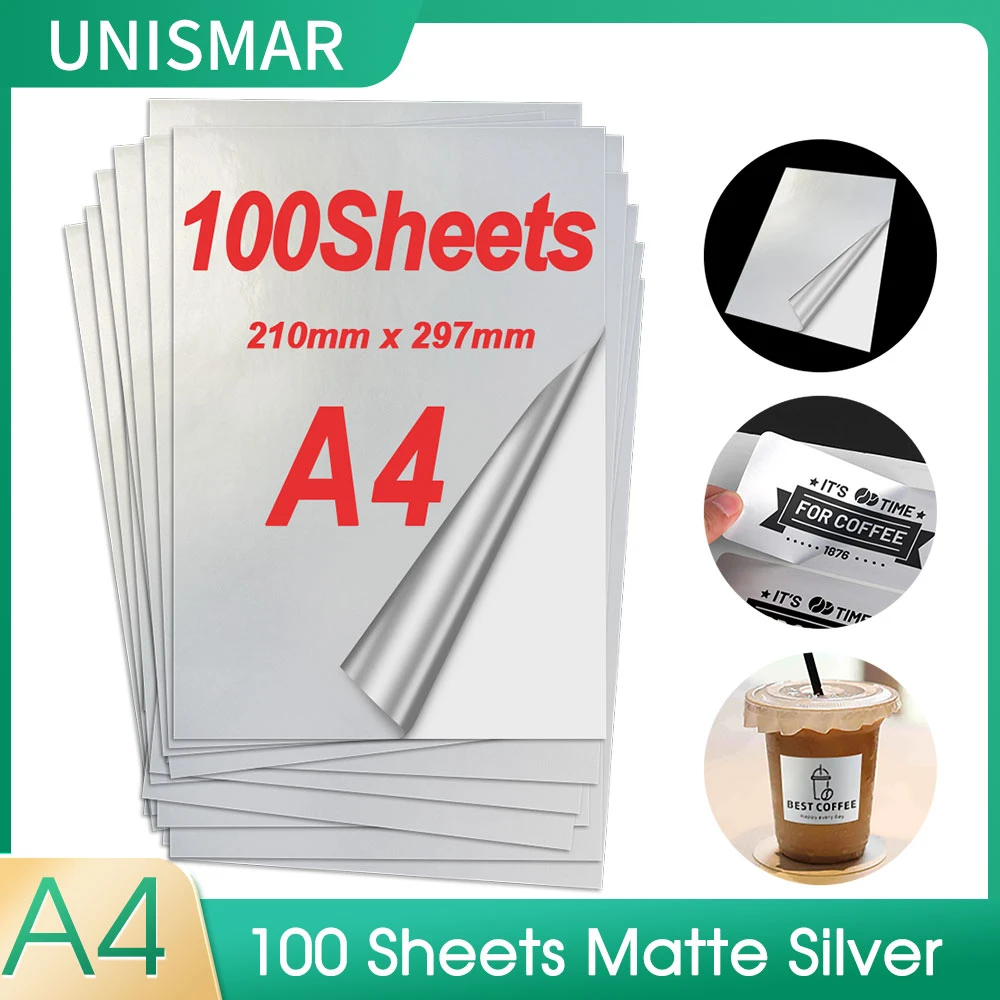 Papel autoadhesivo para impresora de inyección de tinta, 100 hojas de PET mate plateado a prueba de agua, pegatina de vinilo imprimible A4, papel de impresión de etiquetas copia| -