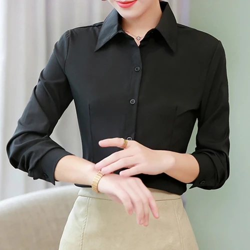 여성용 우아한 긴팔 셔츠, 흰색 블라우스, 사무실 여성 비즈니스 셔츠, 단색 버튼 상의, 분홍색 5