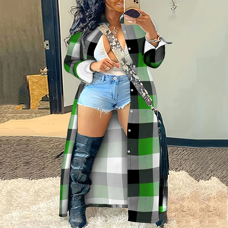 

Novel Fashion New Women Plaid Print Casual Coats 2023 Autumn Winter Lapel Collar Single Breasted Office Ladies Long Shirt Coats