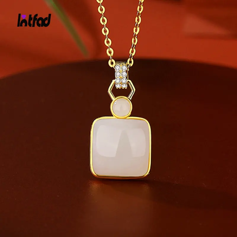 

Silver Necklace Inlaid Natural Hetian Jade Square Jade Necklace Retro Chinese Style Silver Necklace Original Design Jewelry