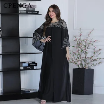 2 Pieces Dubai Party Jalabiya Robe for Women Eid Arab Dubai Abaya Dress Luxury Middle East 2024 Islamic Turkey Diamond Clothing