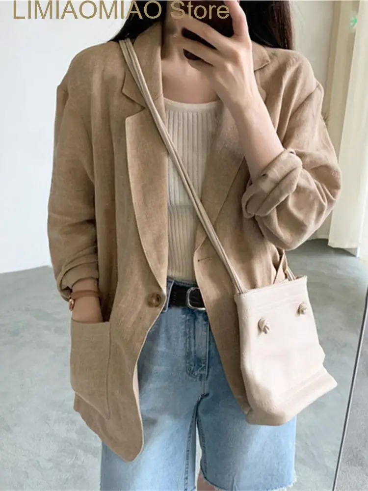 Новый весенний женский костюм, куртка, темпераментный Тонкий льняной Повседневный свободный костюм на одной пуговице из хлопка и льна, женский маленький пиджак