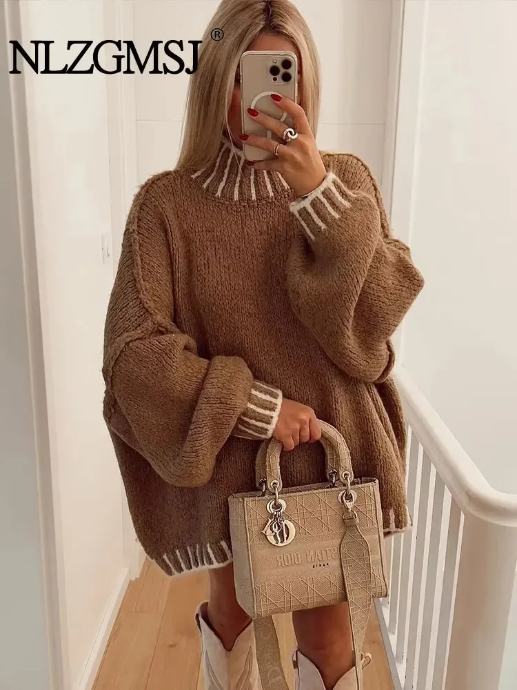 

Nlzgmsj TRAF Oversize Knitted Sweater Woman Winter 2024 Turtleneck Women Sweater Pullover Autumn Knitwear Jumpers Top