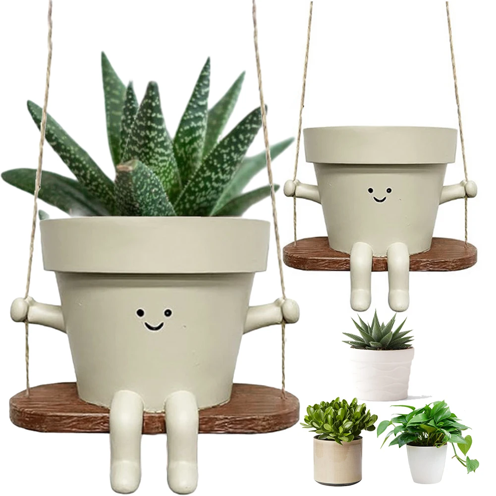 2Pcs Swing Flower Container Resin Wall Hanging Head Planter Creative Plant Succulent Pots Home Garden Patio Accessories