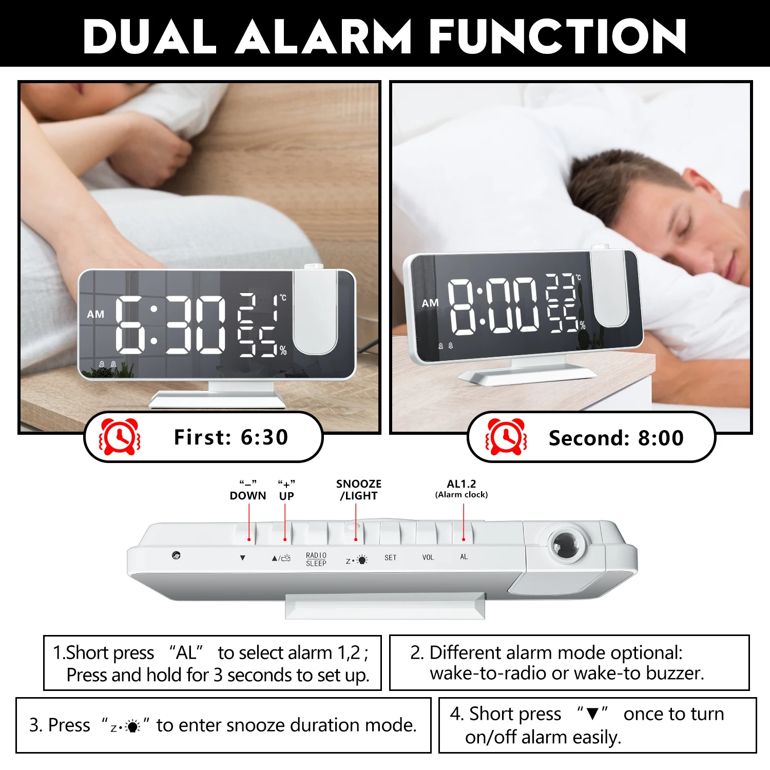 LED Digital Alarm Clock Table Watch Electronic Desktop Clocks USB Wake Up FM Radio Time Projector Snooze Function 2 Alarm