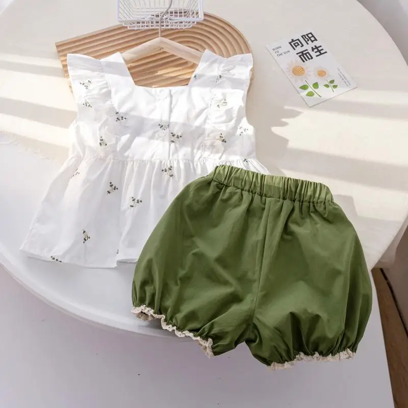 

Summer Girls' New Fashion Small Fresh Fragmented Flower Flying Sleeve Tank Top+Lace Lace Bud Pants Children's Two Piece Set