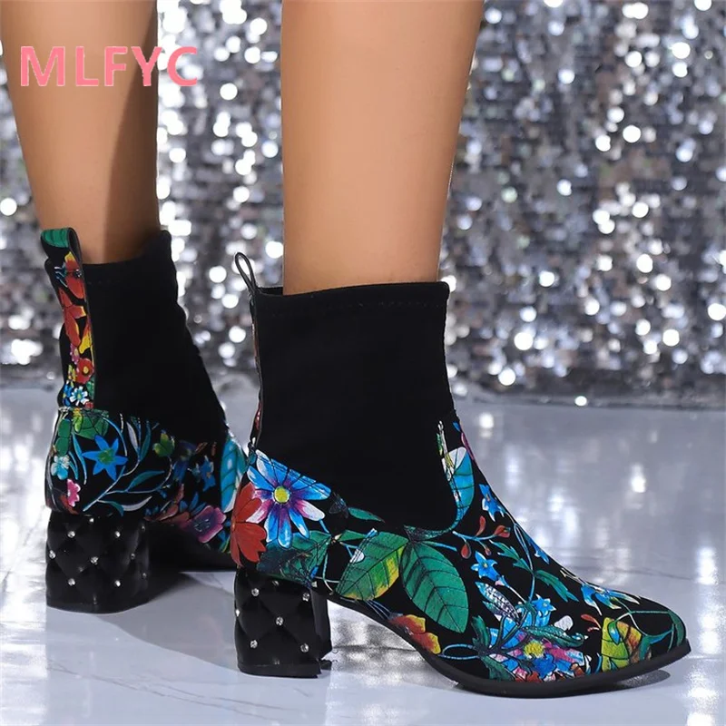Female European and American Autumn and Winter Fashion Printed Women's Boots Round Head Flower High Heel Ethnic Short Boots