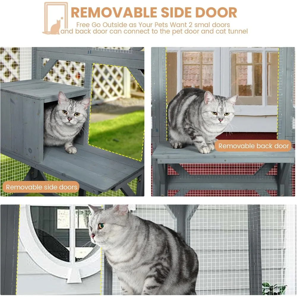 Outdoor Cat House with Weatherproof Roof，Large Catio Cat Enclosure for Multiple Cats Life Walks in Cage & Run