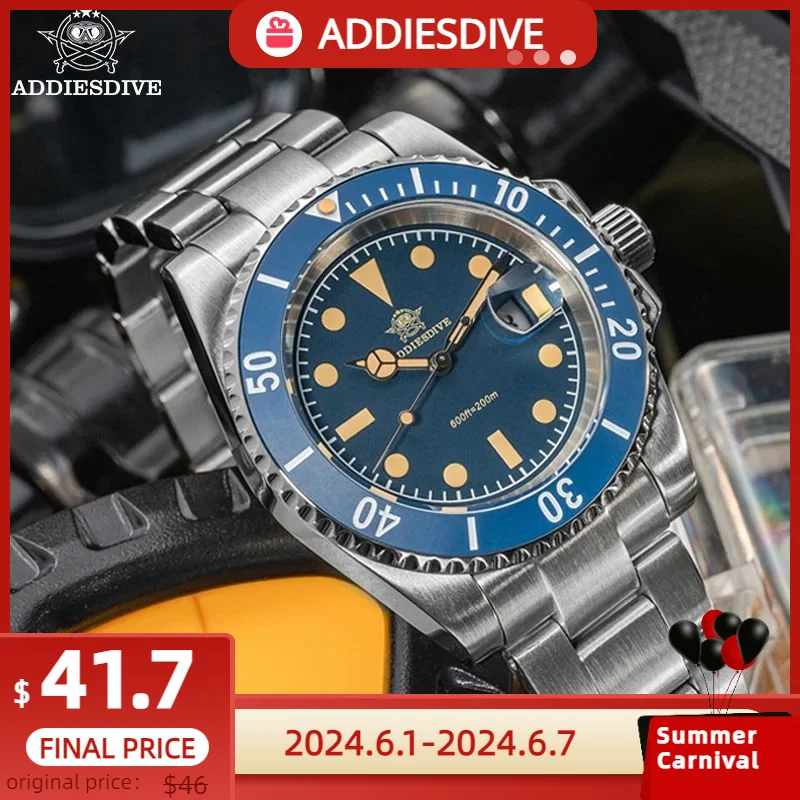 

ADDIESDIVE Watches For Men 41mm Quartz Wristwatch Ceramic Bezel 200m Diving Super Luminous Automatic Date Diver Men's Watch