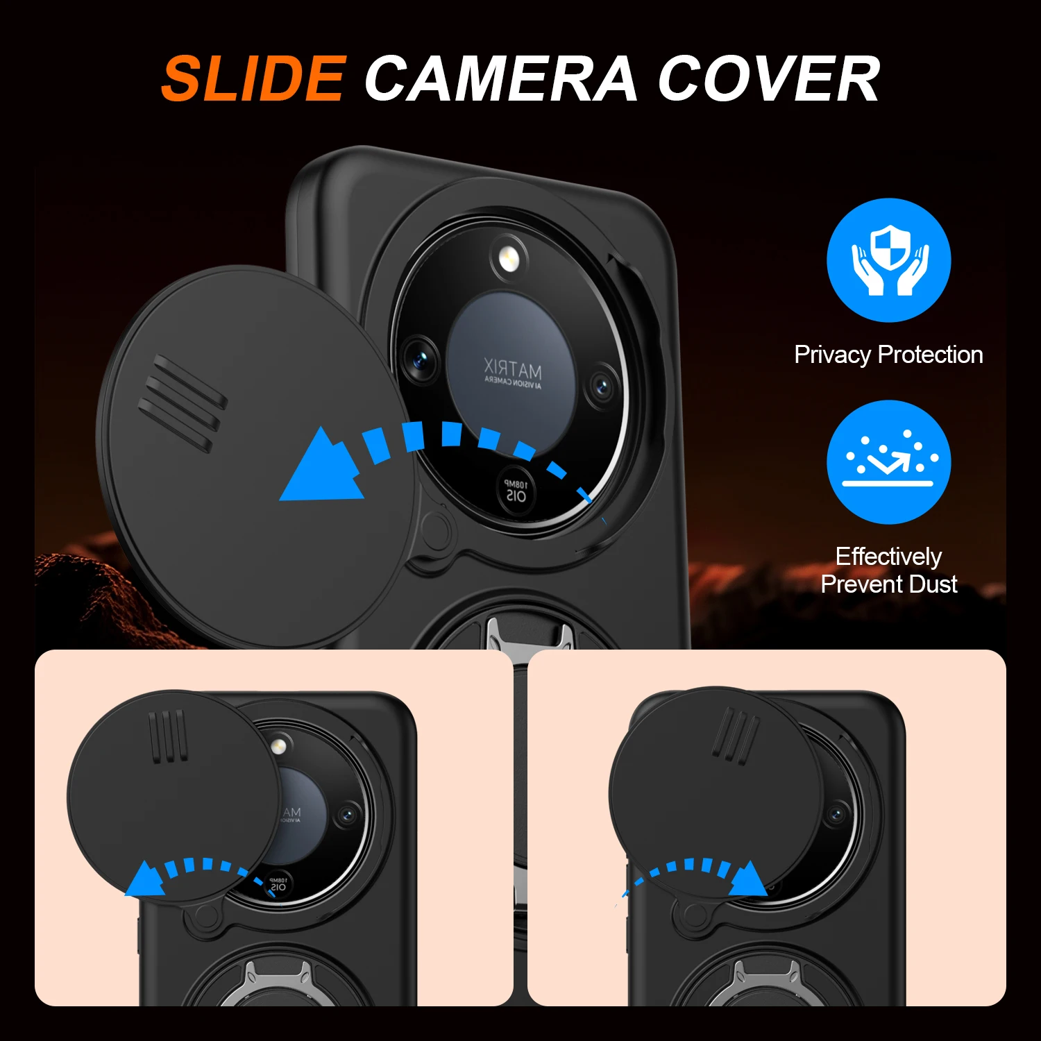 Sliding Camera Lens Protection Phone Case with Metal Ring Stand