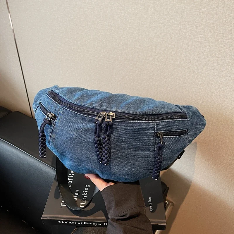 대용량 스토리지 허리 가방 여성용 패브릭 패니 팩 빅 블렛 백 다기능 데님 가슴 가방 바나나 허리 팩