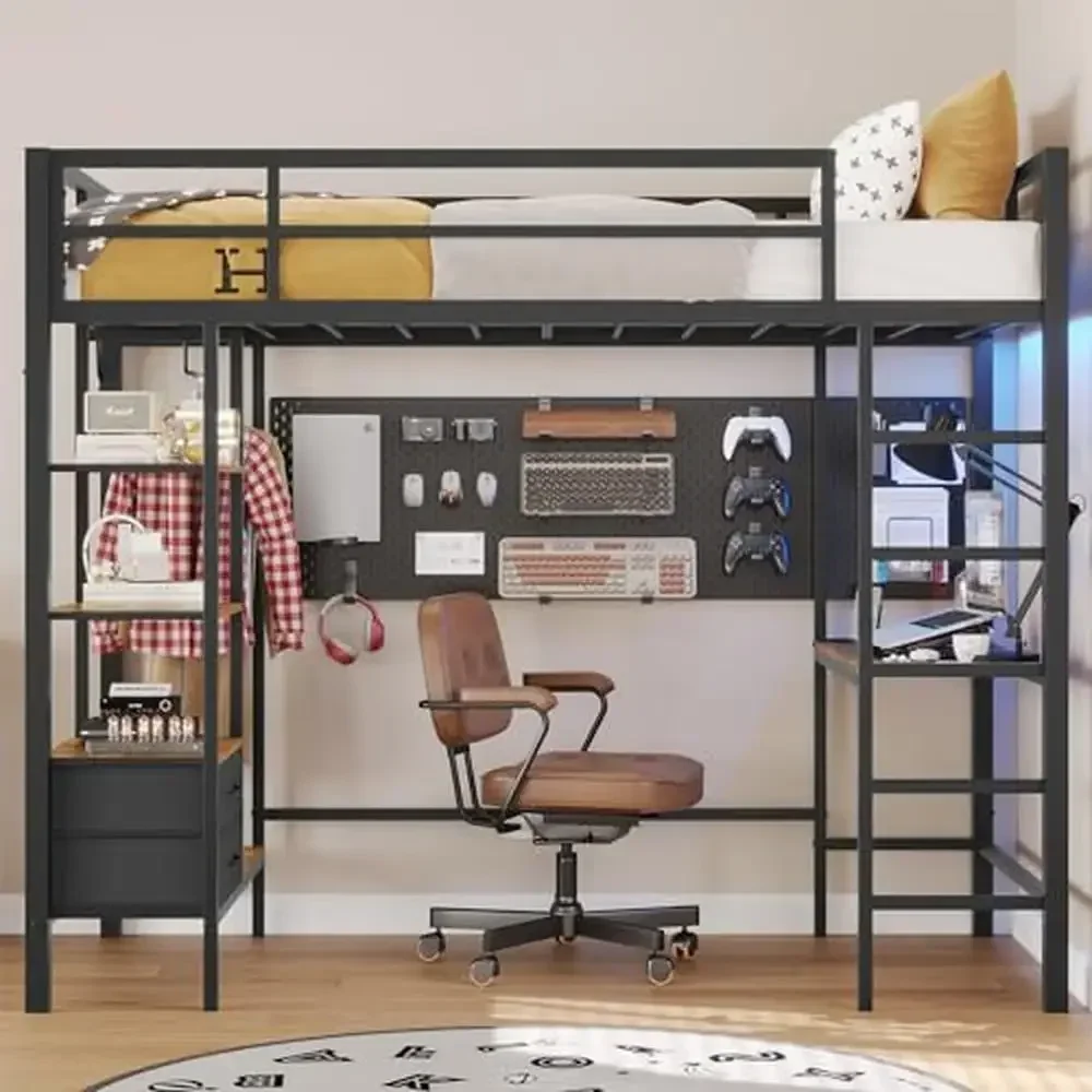 Twin Loft Bed Desk LED Lights Charging Station Storage Shelves Drawers Metal Frame Guardrails Safety Bed